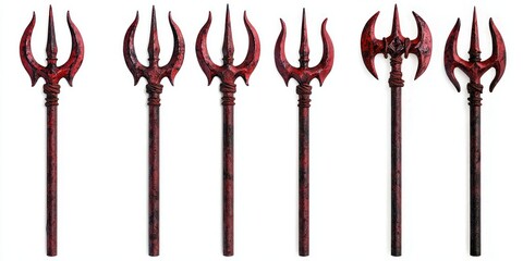 Set collection of devil demon satan red rustic trident pitchfork fork weapon, on white background cutout. Mockup template for artwork design