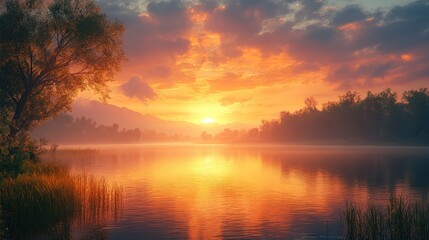 Obraz premium Fiery sunset over calm lake, misty trees.