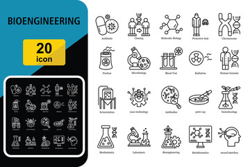 Set of outline icons related to biotechnology, biochemistry, farming, science. Vector illustration
