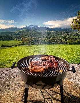 Generated image Argentinian asado grill filled with an assortment of meats, embers glowing parilla