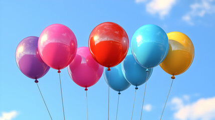 Glossy background with colorful balloons scattered across a desk concept as A glossy background showing colorful balloons scattered across a desk symbolizing fun celebration and team success in the of