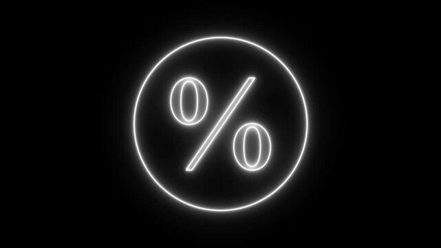 Abstract business conceptual neon percent icon animation on black background. Neon light percent % text icon animation 