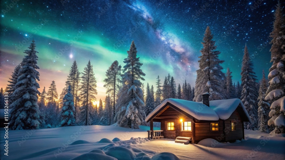 Aufkleber secluded wooden cabin in a snow covered forest under a celestial display of aurora borealis and milk