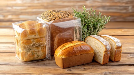 Bread packaging mock-up with a clear window displaying a fresh loaf, set on a rustic wooden table with ample copy space, balanced composition,