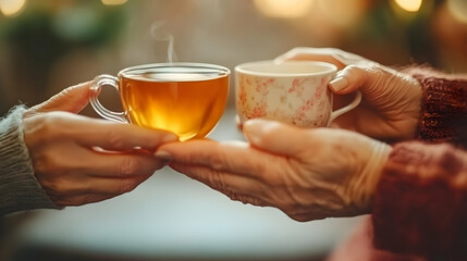 Macro Image Hands Passing Tea Cup Elderly Person Intergenerational Caregiving Nurturing Support Concept