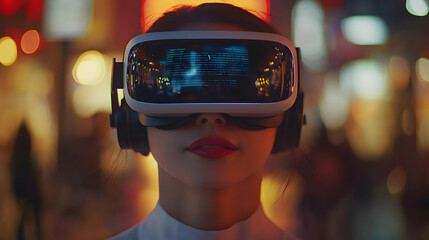 Customer using AI support in virtual reality environment concept as A candid photo of a customer wearing VR goggles interacting with AI customer support in a virtual reality setting. The image showcas