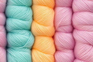 Collection of Pastel Yarn Skeins Arranged in Rows for Knitting and Crafting Inspiration : Generative AI