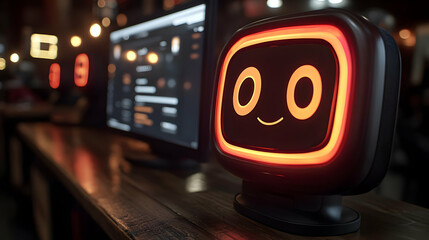 Macro AI Chatbot Icon on Computer Screen for Digital Customer Support Services