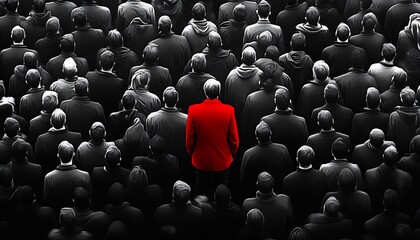 Striking concept of standing out in uniformity with a red figure among black and white crowd : Generative AI