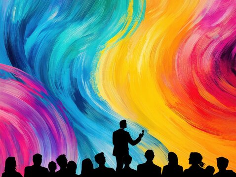 A vibrant abstract painting captivates an engaged audience.