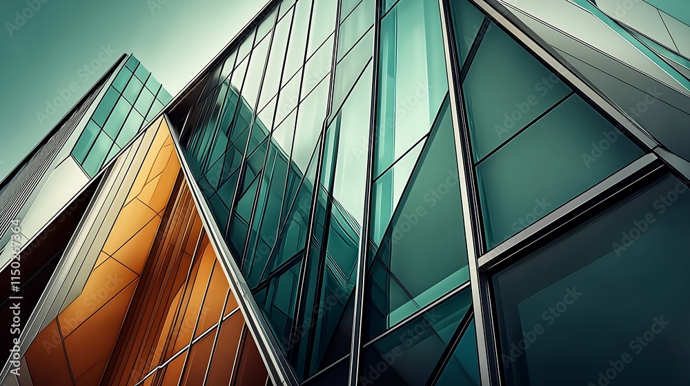 Poster Dynamic angular glass facade with a blend of teal and orange hues : Generative AI