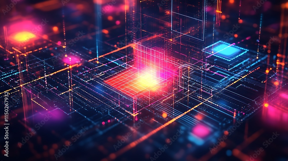Aufkleber Colorful Digital Art of Abstract Neon Circuitry with Illuminated Grid Patterns : Generative AI