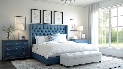 Luxurious Blue Bedroom Design With Modern Aesthetics and Natural Ambiance : Generative AI