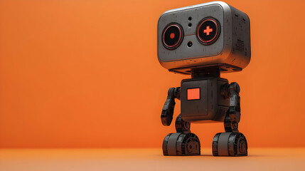 Plain orange background with robotic health app icon concept as A plain orange background featuring a robotic health app icon symbolizing mobile technology and robotics in healthcare management. The m