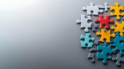 Plain background with diverse team assembling puzzle pieces copy space below. concept as Diverse team assembling puzzle pieces against a plain background emphasizing inclusivity and collaborative effo