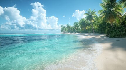 Tropical beach, turquoise water, palm trees.