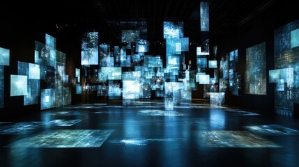 Obraz premium Floating holographic interfaces in a dark room