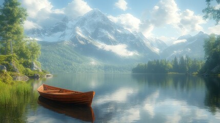Obraz premium Wooden rowboat on serene mountain lake.