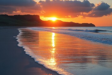 A tranquil sunset casting golden hues over a sandy beach. Gentle waves lapping against rugged rocks. Perfect for landscapes, relaxation, and vacation themes