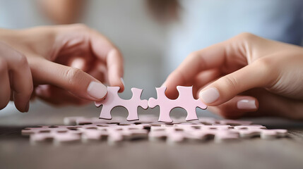 Diverse Team Members Assembling Puzzle Pieces on Wooden Table - Collaboration and Unity Concept with Copy Space