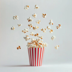 Delicious popcorn flying out of a red-white striped paper cup, cut out on white background.