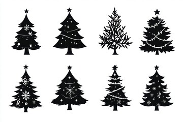 Set of Eight Black and White Christmas Tree Silhouettes