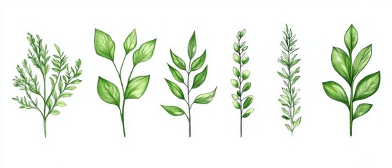 Green plant and leafs pattern. Pencil, hand drawn natural illustration. Simple organic plants design. Botany vintage graphic art.