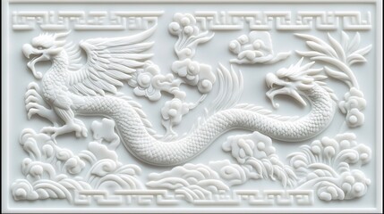 Intricate white bas-relief carving of two dragons amidst clouds and floral motifs.