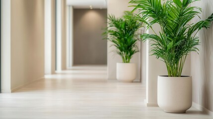 Spacious office with soft lighting, indoor plants, wellnessoriented design, relaxing office environment