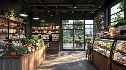 Fototapeta premium Bright and modern cafe interior with fresh produce and pastries.