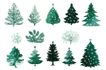 Collection of stylized Christmas trees, green silhouettes, winter design elements