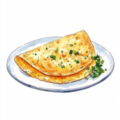 Watercolor art of a delicious omelette kitchen table food illustration bright setting close-up view culinary delight, isolated on white background