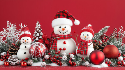 Fototapeta premium Festive Christmas Scene with Santa Snowman and Red Ornaments on Red Background with Snowflakes and Holiday Decorations