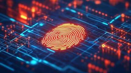 Futuristic Digital Fingerprint Technology on Blue Circuit Background : Generative AI