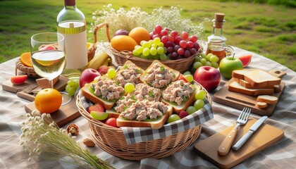 A bountiful picnic setup featuring sandwiches, wine, fresh fruits, and flowers, set on a summer day in a green, picturesque field, invoking a sense of leisure and togetherness.

