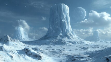 Fototapeta premium A serene icy landscape with towering formations under a celestial sky.