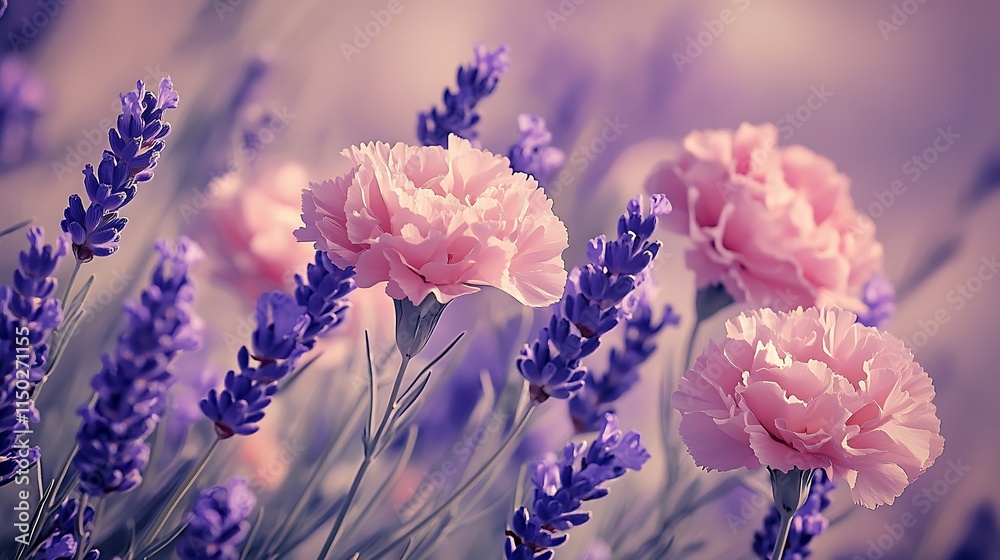 Poster serene display of pink carnations and lavender flowers in soft light : generative ai