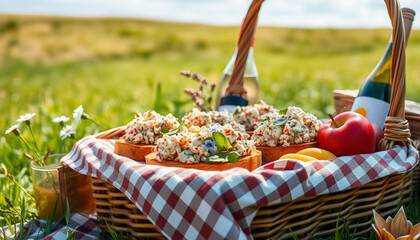 A bountiful picnic setup featuring sandwiches, wine, fresh fruits, and flowers, set on a summer day in a green, picturesque field, invoking a sense of leisure and togetherness.

