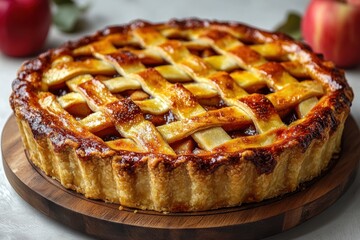 A rustic apple pie resting on a wooden board. A charming and classic dessert perfect for cozy dining or bakery promotions. Ideal for homemade and autumn-themed visuals.