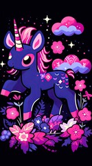 Vibrant Unicorn Illustration in a Magical Floral Garden, Night Sky Backdrop with Pink and Purple Hues