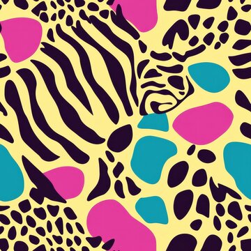 A vibrant abstract animal-themed pattern with colorful zebra stripes, giraffe spots, and leopard prints in unconventional hues like hot pink, teal, and gold, creating a bold, modern look. 
