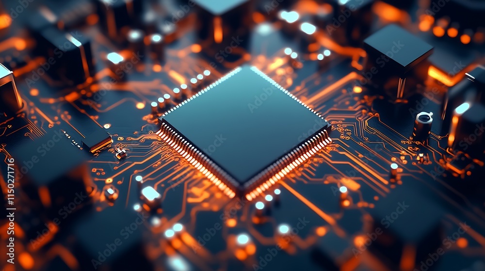 Poster High-Performance Microchip on Modern Circuit Board with Vibrant Blue LEDs and Orange Layout : Generative AI