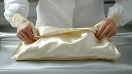Obraz premium Caregiver Hands Folding Blanket on Glossy Surface Symbolizing Attention to Detail in Personal Care