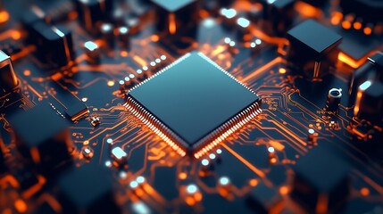 High-Performance Microchip on Modern Circuit Board with Vibrant Blue LEDs and Orange Layout : Generative AI