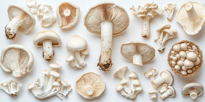 White champignon button Agaricus bisporus mushroom fungus fungi vegetable, many angles and view side top front basket slice on white background. Mockup template for artwork design