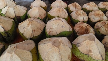 landscape photo of young coconut ready to be served. photo of fresh young coconut ready to be served