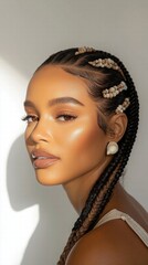 Stunning Portrait of a Woman with Beaded Braids and Shell Earrings