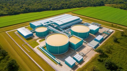 Aerial view of a modern industrial facility surrounded by nature.