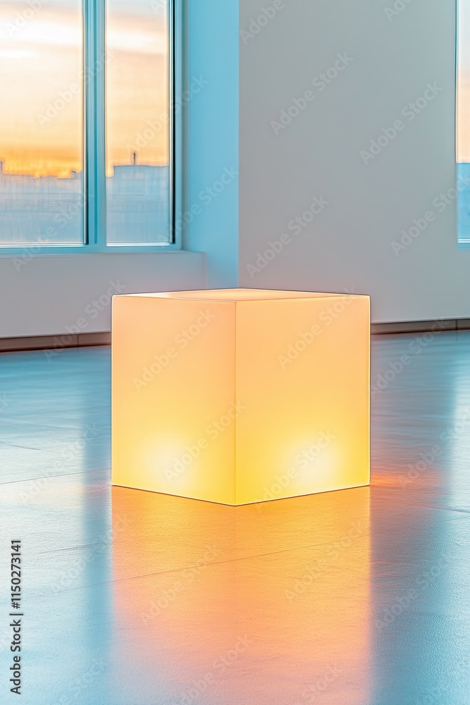 Poster Glowing Cube Illuminating an Empty Room With Soft Radiant Light at Twilight