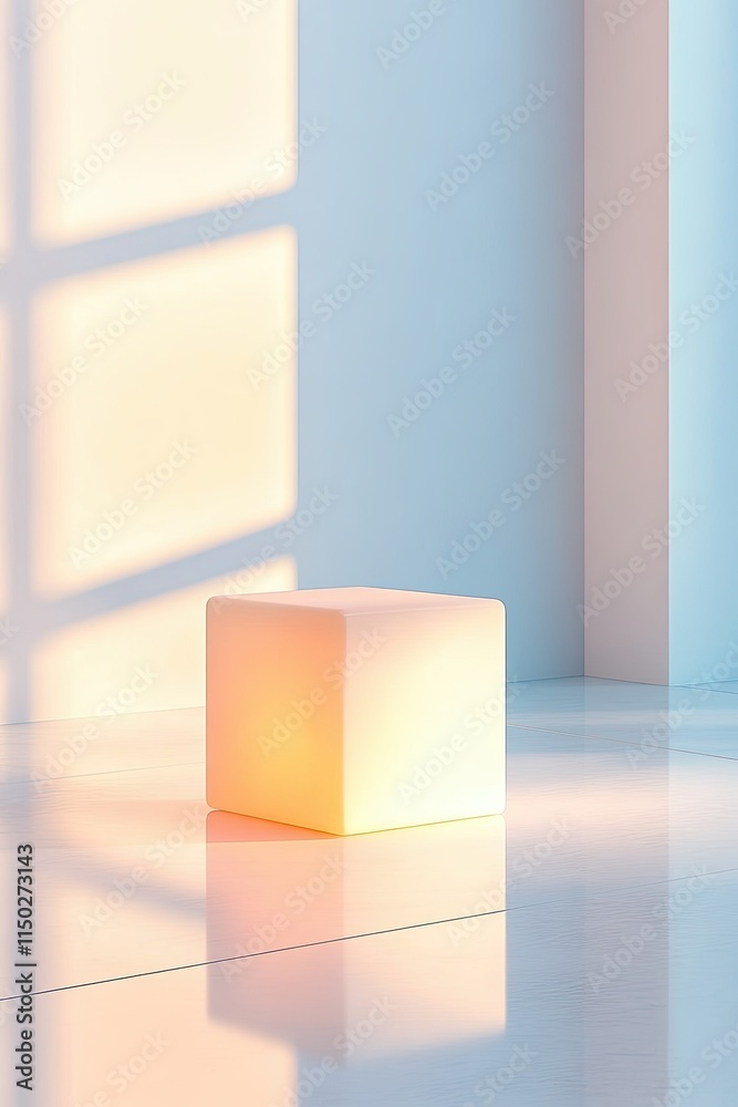 Poster Floating Glowing Cube Illuminates a Serene, Empty Space With Soft Light and Tranquil Ambiance